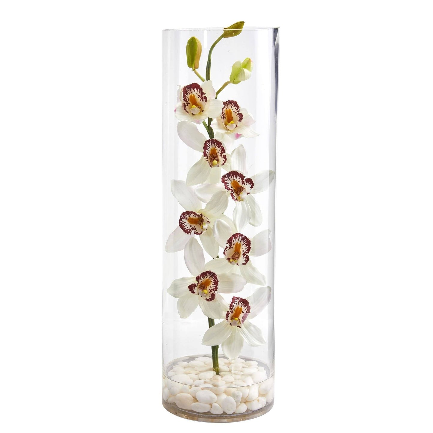 Arreglo Artificial de Orquídeas Cymbidium en Jarrón Cilíndrico Alto