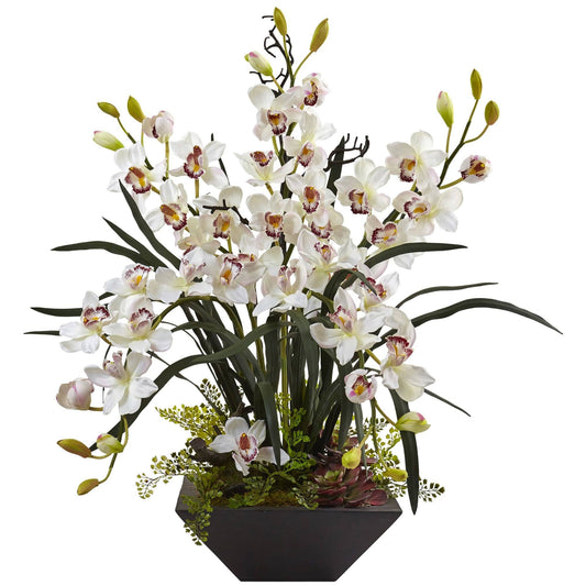 Cymbidium Orchid with Black Vase - Tampa Home & Garden Store