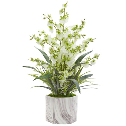 Dancing Lady Orchid artificial arrangement in marble finished vase by Nearly Natural on Tampa Home & Garden Store