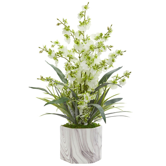 Dancing Lady Orchid artificial arrangement in marble finished vase by Nearly Natural on Tampa Home & Garden Store