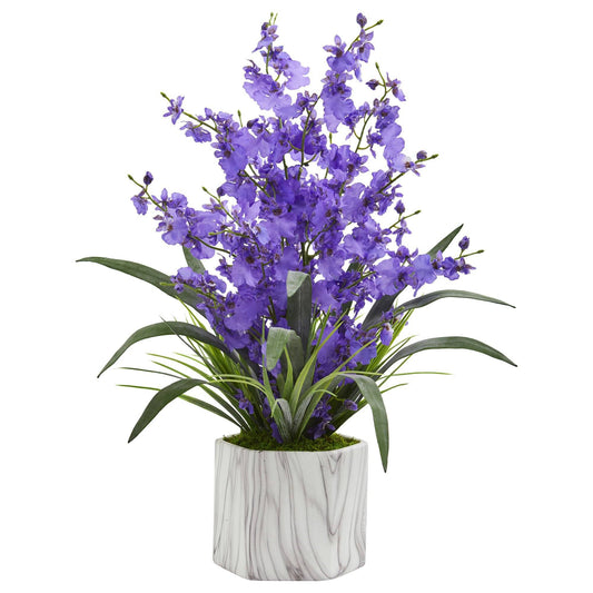 Dancing Lady Orchid artificial arrangement in purple blooms with marble vase by Nearly Natural on Tampa Home & Garden Store