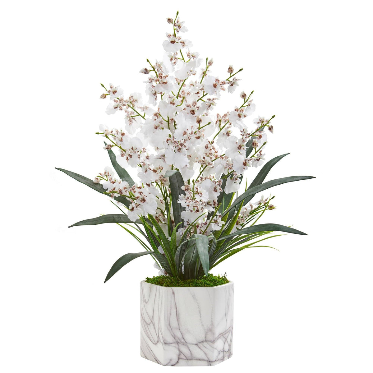 Artificial Dancing Lady Orchid arrangement in white blooms with marble vase Nearly Natural on Tampa Home & Garden Store