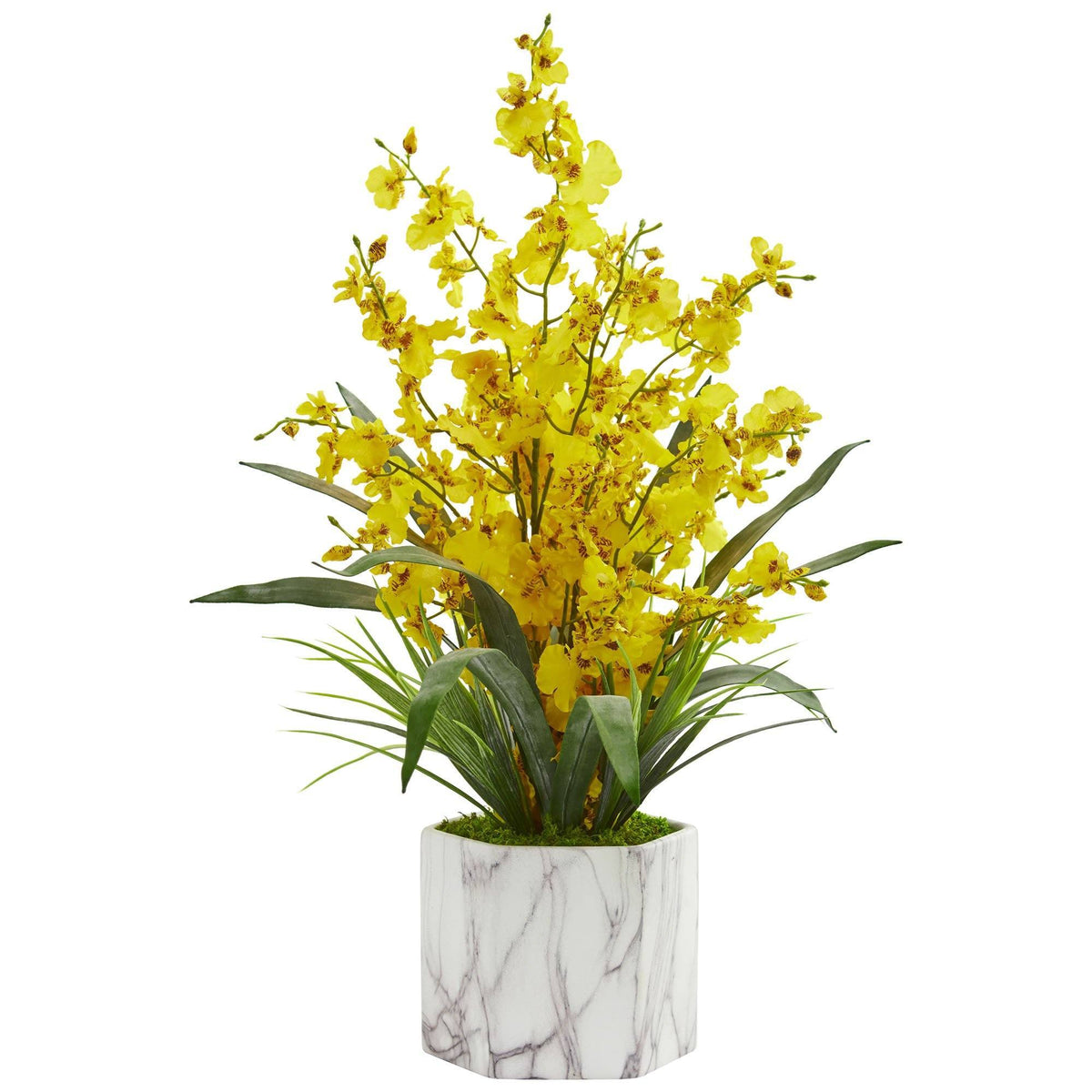 Dancing Lady Orchid arrangement in marble vase, yellow orchids by Nearly Natural on Tampa Home & Garden Store