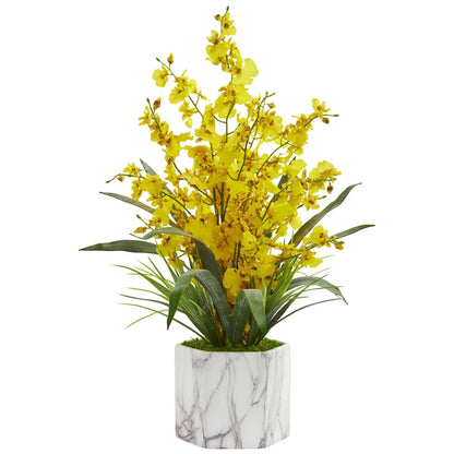 Dancing Lady Orchid arrangement in marble vase, yellow orchids by Nearly Natural on Tampa Home & Garden Store