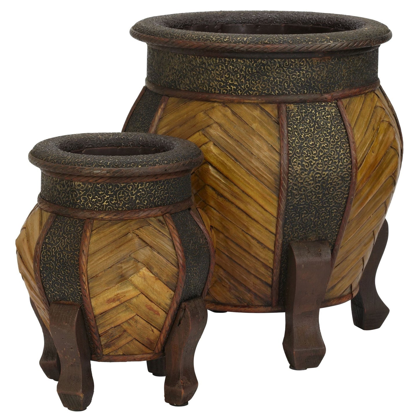 Decorative rounded wood planters set of 2 with woven panels and bronze-toned trim on Tampa Home & Garden Store
