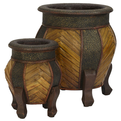 Decorative rounded wood planters set of 2 with woven panels and bronze-toned trim on Tampa Home & Garden Store