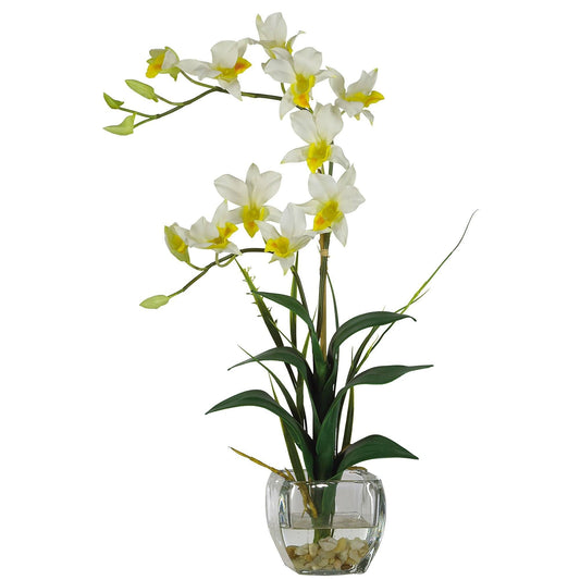 Dendrobium orchid arrangement by Nearly Natural in a clear glass vase with white petals on Tampa Home & Garden Store