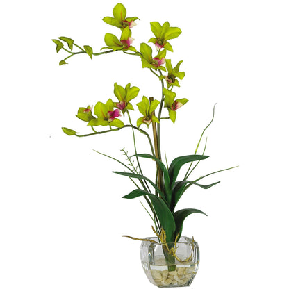 Dendrobium silk flower arrangement in glass vase lime green blooms with pink centers on Tampa Home & Garden Store