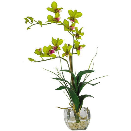 Dendrobium silk flower arrangement in glass vase lime green blooms with pink centers on Tampa Home & Garden Store