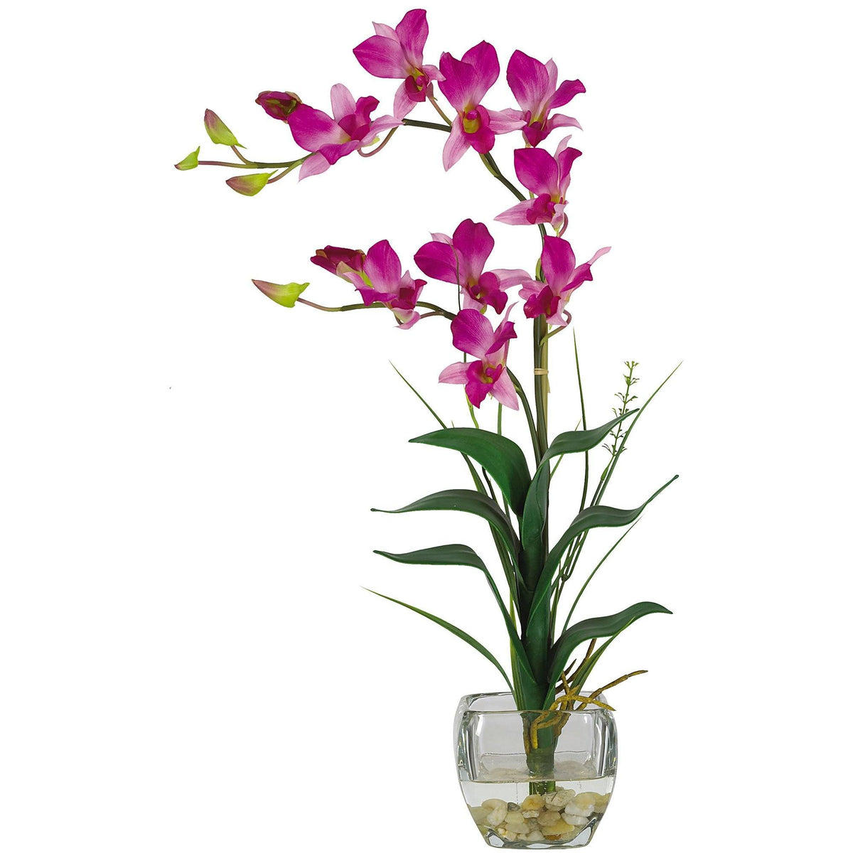Dendrobium silk flower arrangement in a clear glass vase with pebbles by Nearly Natural on Tampa Home & Garden Store