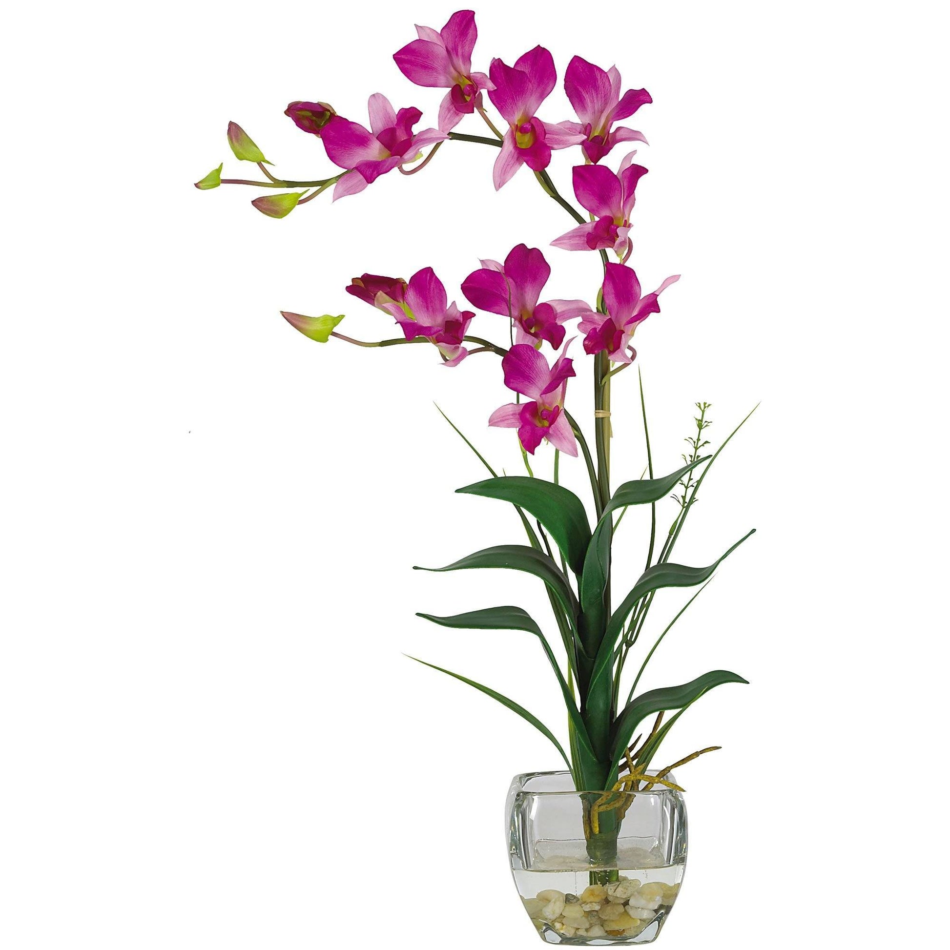 Dendrobium silk flower arrangement in a clear glass vase with pebbles by Nearly Natural on Tampa Home & Garden Store