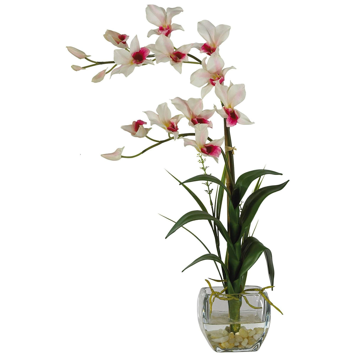 Dendrobium silk orchid arrangement in glass vase with white blooms Nearly Natural on Tampa Home & Garden Store