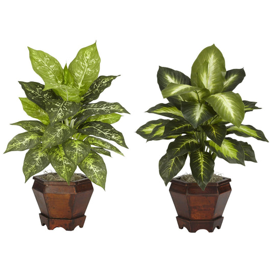 Dieffenbachia w/Wood Vase Silk Plant (Set of 2) - Tampa Home & Garden Store