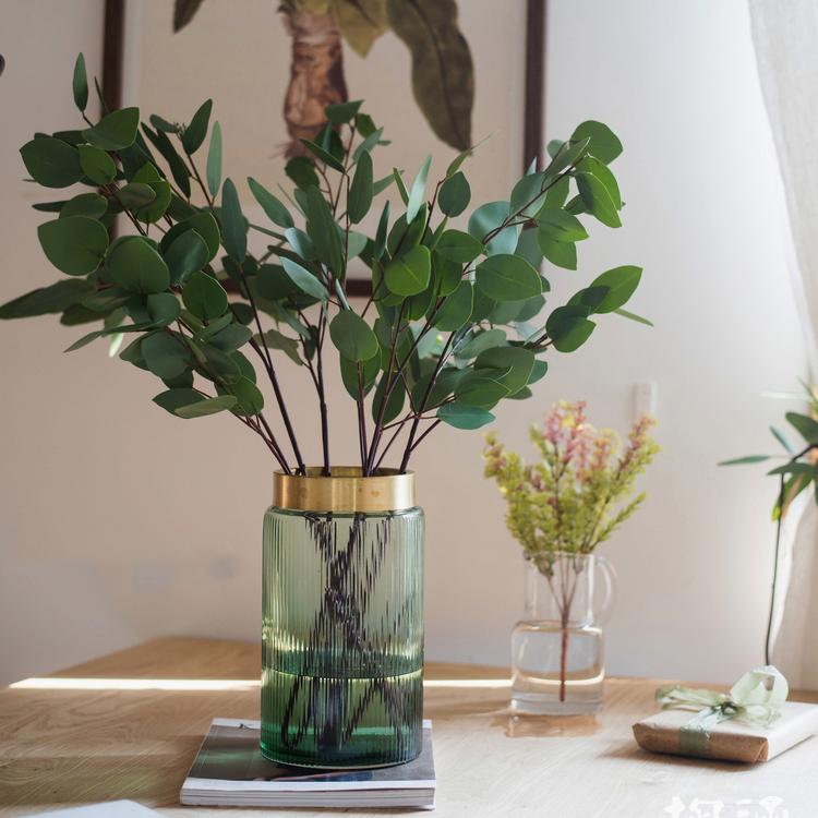 Artificial Faux Eucalyptus Leaves in ribbed emerald glass vase with brass rim by RusticReach on Tampa Home & Garden Store