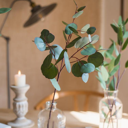 Artificial Faux Eucalyptus Leaves on two stems by RusticReach in clear glass bottles on Tampa Home & Garden Store