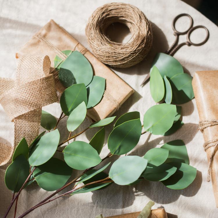 Artificial faux eucalyptus leaves in varied shapes, green round leaves, RusticReach flora on Tampa Home & Garden Store