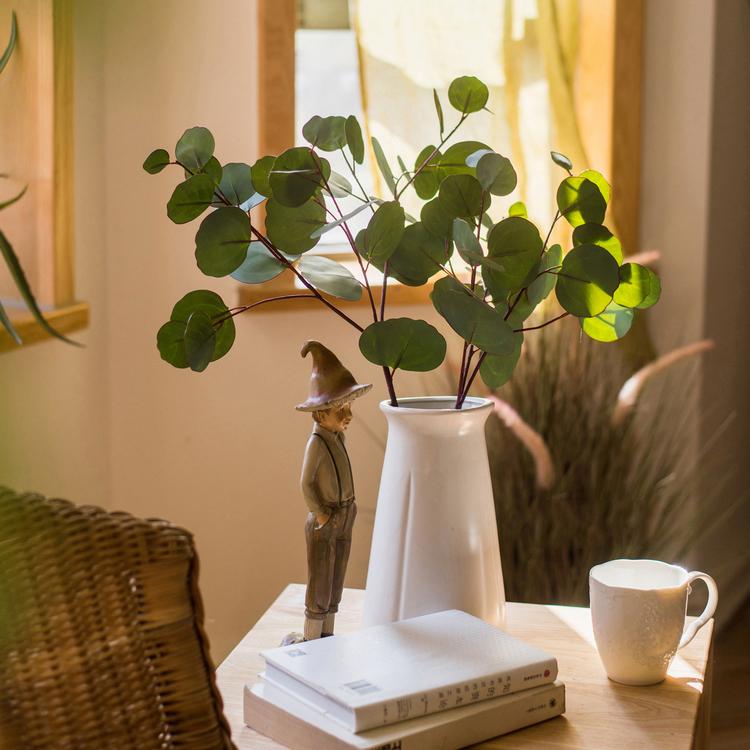 Artificial Faux Eucalyptus Leaves in assorted round shapes in a white ceramic vase on sunny desk on Tampa Home & Garden Store