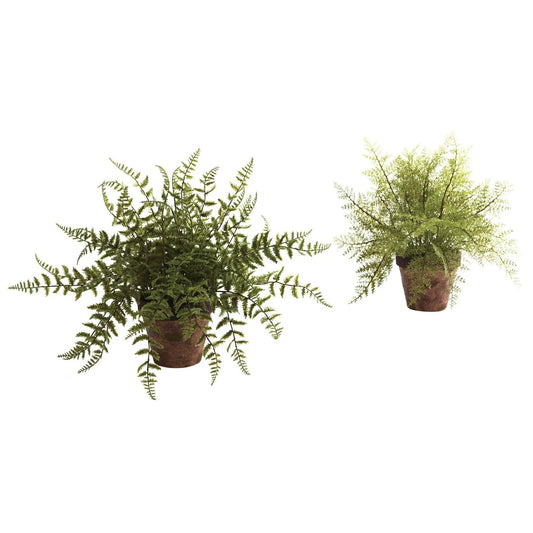 Ferns with decorative planters set of 2 by Nearly Natural in brown pots on Tampa Home & Garden Store