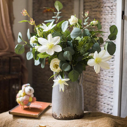 Artificial Clematis flower bouquet in greenery with white blooms, 20in tall, RusticReach on Tampa Home & Garden Store