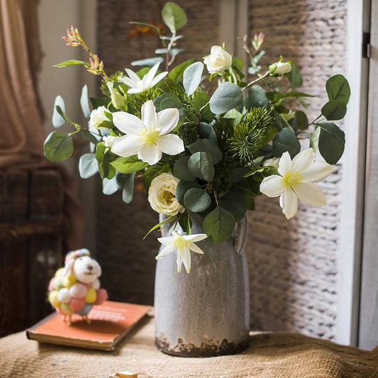 Artificial Clematis flower bouquet in greenery with white blooms, 20in tall, RusticReach on Tampa Home & Garden Store