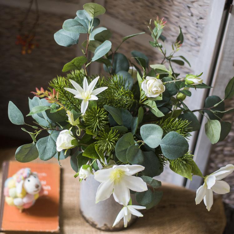 Artificial Clematis bouquet with greenery in a vase, white blooms, 20 in tall, RusticReach on Tampa Home & Garden Store