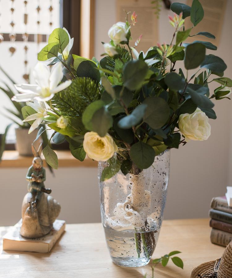 Artificial Clematis bouquet with greenery and white flowers in a tall clear vase, RusticReach on Tampa Home & Garden Store
