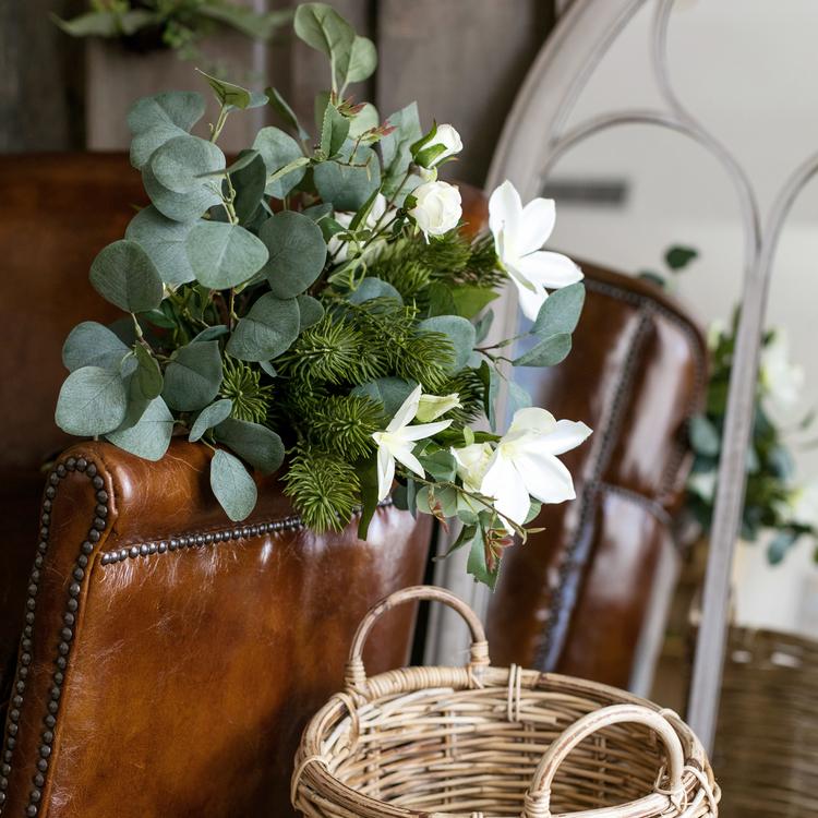 Artificial Clematis bouquet in greenery with white blooms, 20in tall, RusticReach on Tampa Home & Garden Store