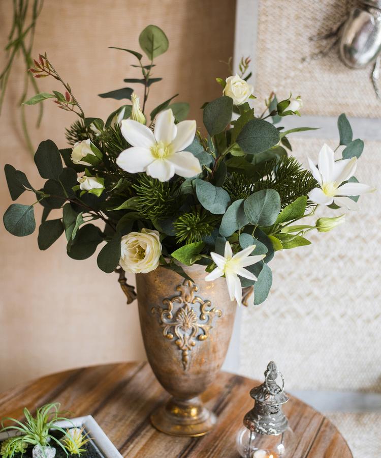 RusticReach artificial Clematis bouquet with white blooms and greenery in bronze vase, 20 tall on Tampa Home & Garden Store