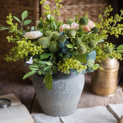 Artificial Flower Bouquet RusticReach greenery and white roses in a gray pot, 13in tall on Tampa Home & Garden Store