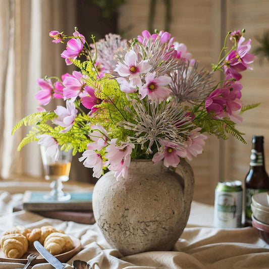 Artificial silk flower bouquet pink daisies, 20in tall in a rustic stoneware vase, RusticReach on Tampa Home & Garden Store