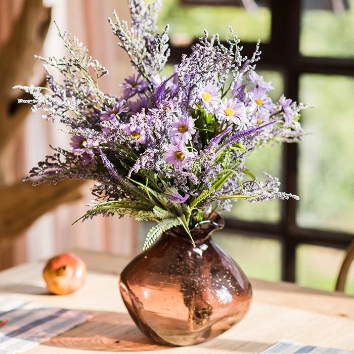RusticReach artificial silk bouquet Country Flowers in purple in amber glass vase on Tampa Home & Garden Store