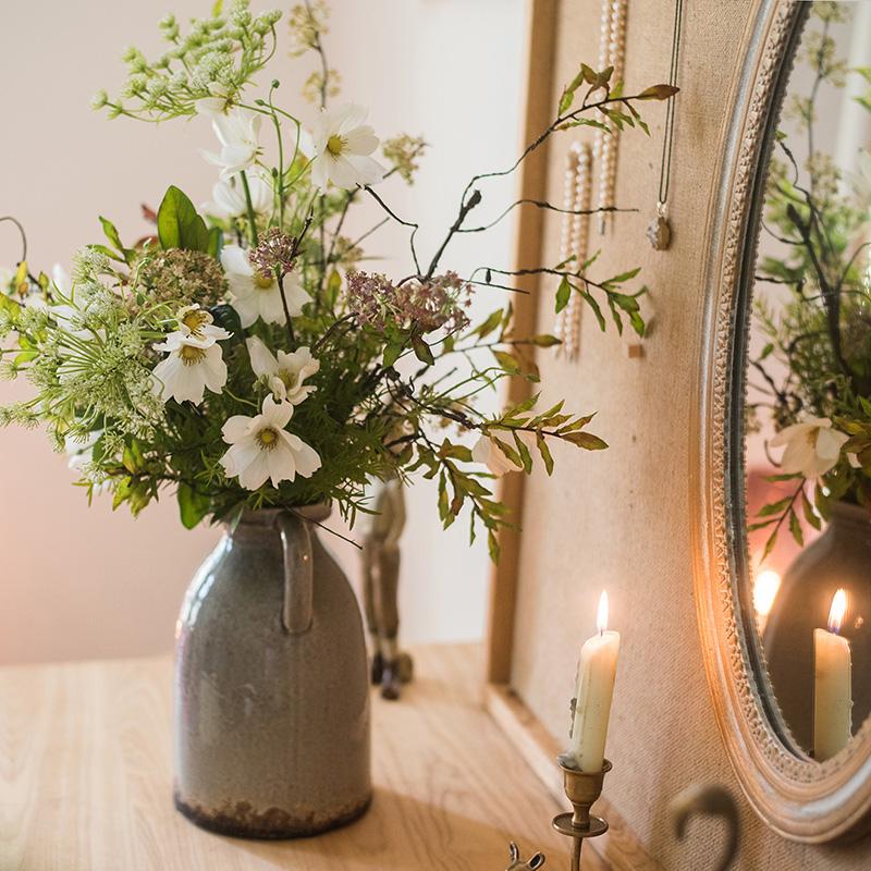 Artificial Flower Bouquet Spring Daisy Greenery Mix RusticReach in gray pitcher, 24 in tall on Tampa Home & Garden Store
