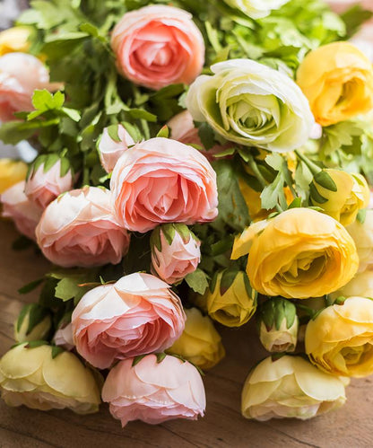 Buttercup stem 28in tall, pink and yellow ranunculus with green leaves RusticReach on Tampa Home & Garden Store