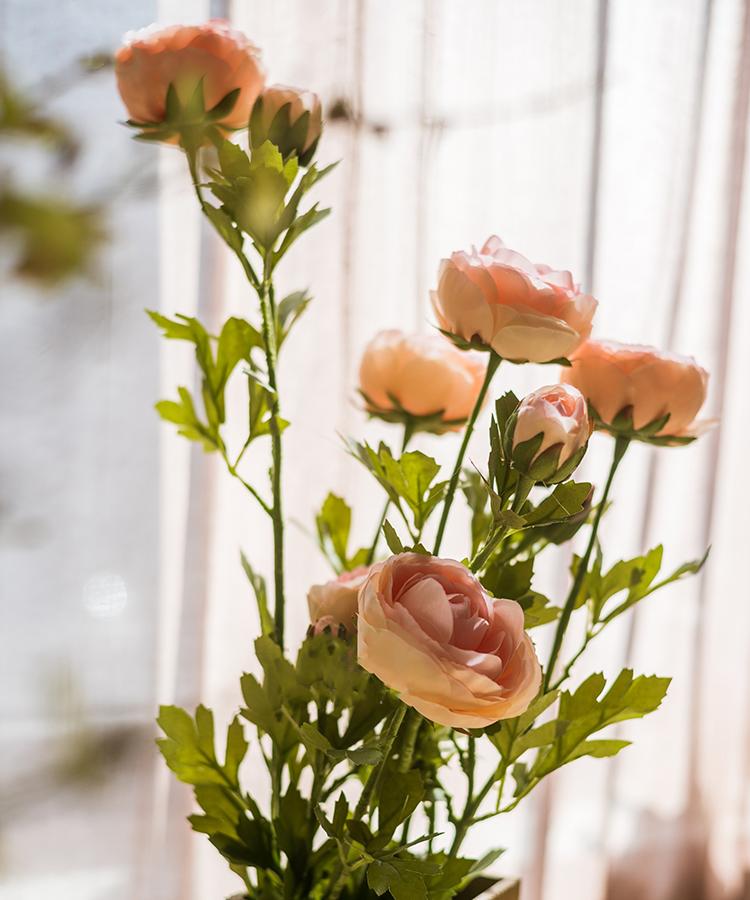 Artificial Buttercup Stem 28in tall with peach blooms and green leaves by RusticReach on Tampa Home & Garden Store