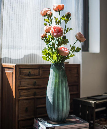Artificial Buttercup Flower Stem, 28-in tall with pink blooms in a teal vase, RusticReach on Tampa Home & Garden Store