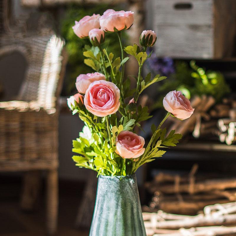 Artificial Buttercup Flower Stem 28in tall, RusticReach pink blossoms in a teal ceramic vase on Tampa Home & Garden Store