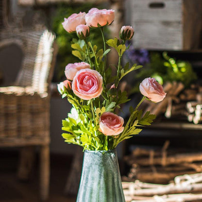Artificial Buttercup Flower Stem 28in tall, RusticReach pink blossoms in a teal ceramic vase on Tampa Home & Garden Store