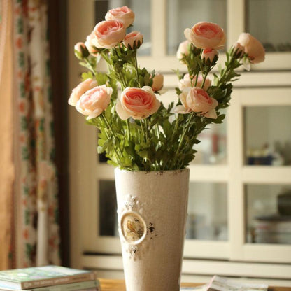 Artificial Buttercup flower stem, peach pink blooms on a tall 28in stem in a beige vase on Tampa Home & Garden Store