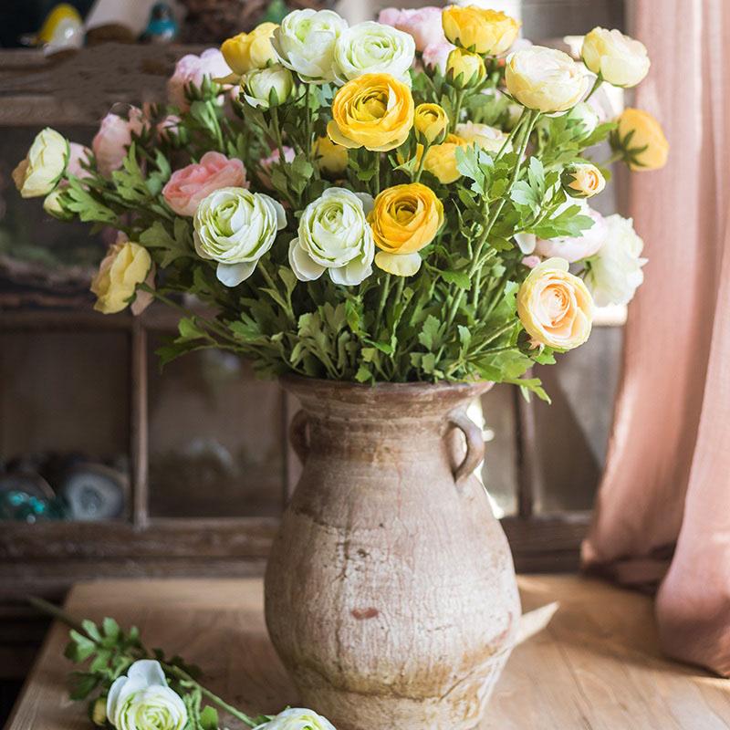 Artificial Buttercup Flower Stem bouquet by RusticReach yellow and cream blooms in a rustic vase on Tampa Home & Garden Store