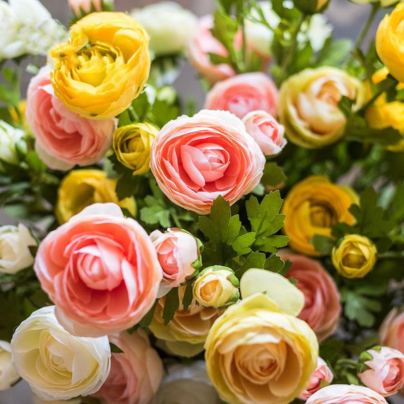 Artificial Buttercup Stem 28in tall with pink yellow cream blooms and green foliage RusticReach on Tampa Home & Garden Store