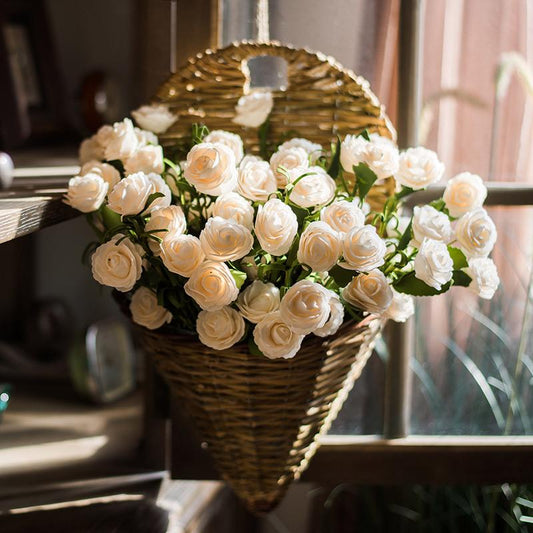 RusticReach artificial camellia bloom stems in white PE petals, 16in tall hanging basket on Tampa Home & Garden Store