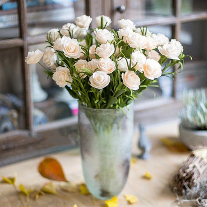 RusticReach Eco PE camellia bloom stem set, white, 16 inches tall in a weathered metal vase on Tampa Home & Garden Store