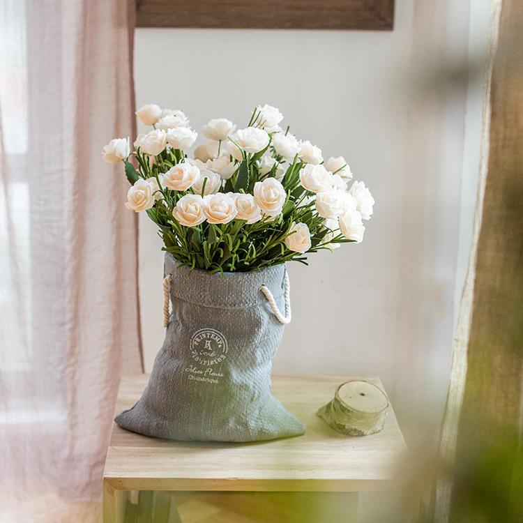 White artificial Camellia blooms, ECO PE stems, 16 in tall gray fabric bag by RusticReach on Tampa Home & Garden Store