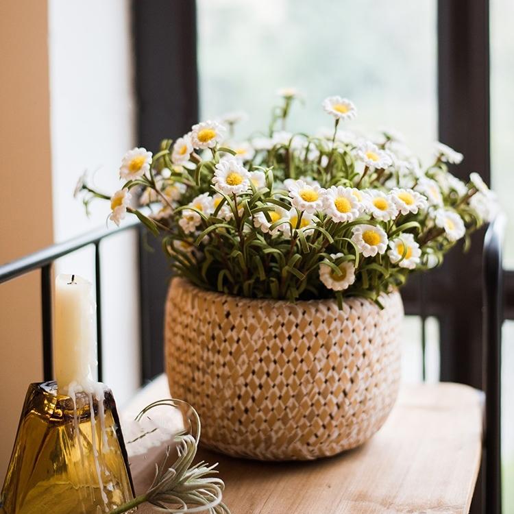 Faux silk white daisy stem set in a woven basket planter, 15 in tall on Tampa Home & Garden Store