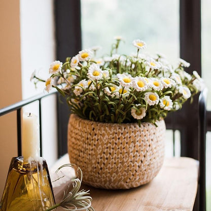 Faux silk white daisy stem set in a woven basket planter, 15 in tall on Tampa Home & Garden Store