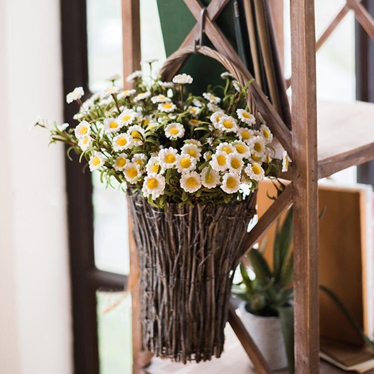 Faux silk daisy stems by RusticReach, white with yellow centers, 15 in tall wicker planter on Tampa Home & Garden Store