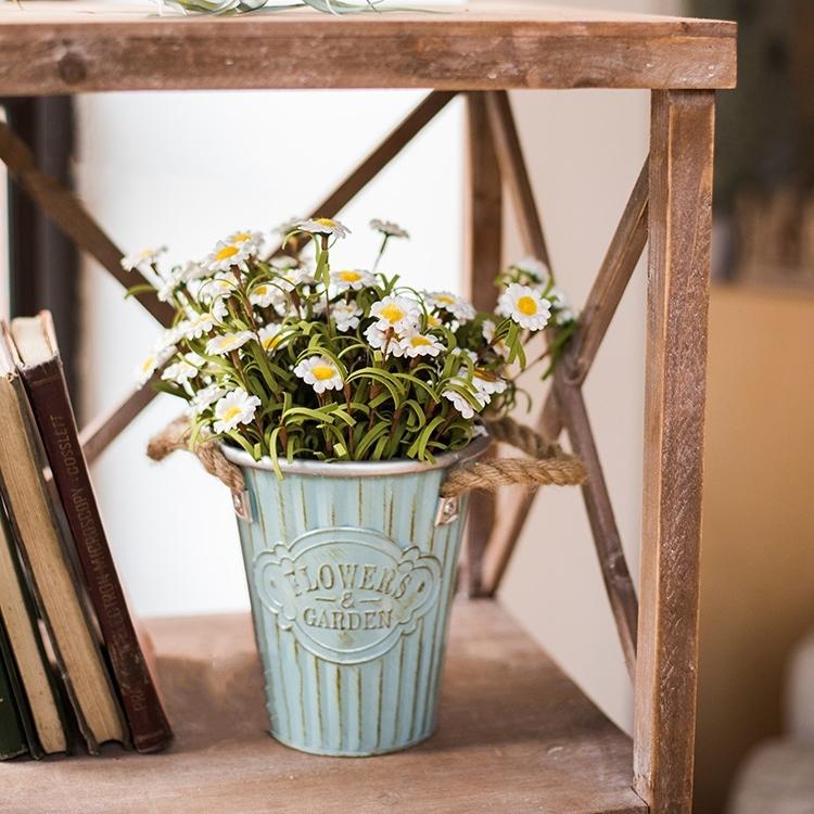 RusticReach faux silk white daisy stems in a blue ribbed planter with rope handles, 15in tall on Tampa Home & Garden Store