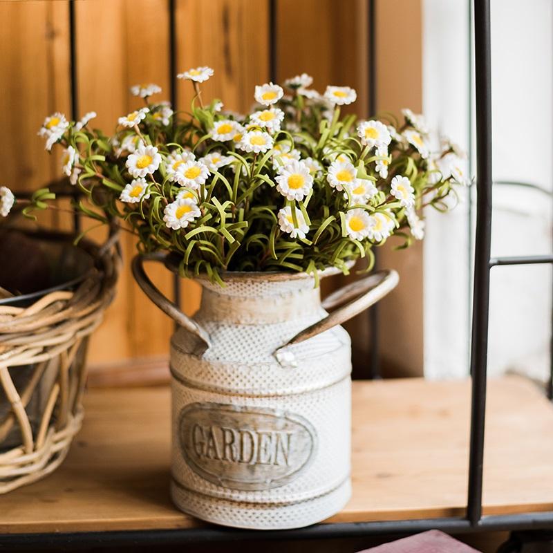 Faux Silk Daisy Stem Set, 15 in tall, RusticReach daisies in a metal vase with yellow centers on Tampa Home & Garden Store