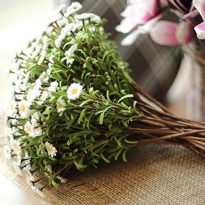 Faux Silk Daisy Stem Set by RusticReach, white mini daisies in a wicker bouquet on burlap on Tampa Home & Garden Store