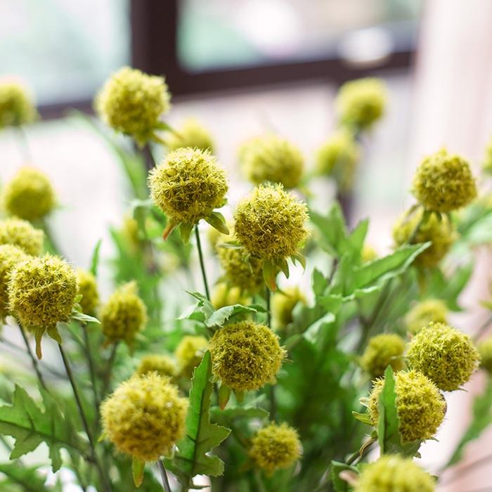 RusticReach faux silk pompom stem flower, 28 inches tall, yellow-green fuzzy blooms on stems on Tampa Home & Garden Store
